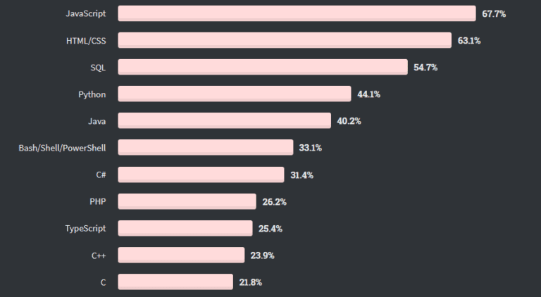 The diagram of the top programming languages in the IT industry, including JavaScript, PHP, SQL, TypeScript, C++, Python, etc