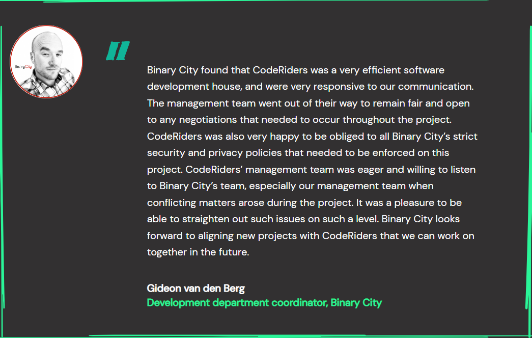 CodeRiders built banking, financial services software solutions for an independent technology solution provider, Binary City